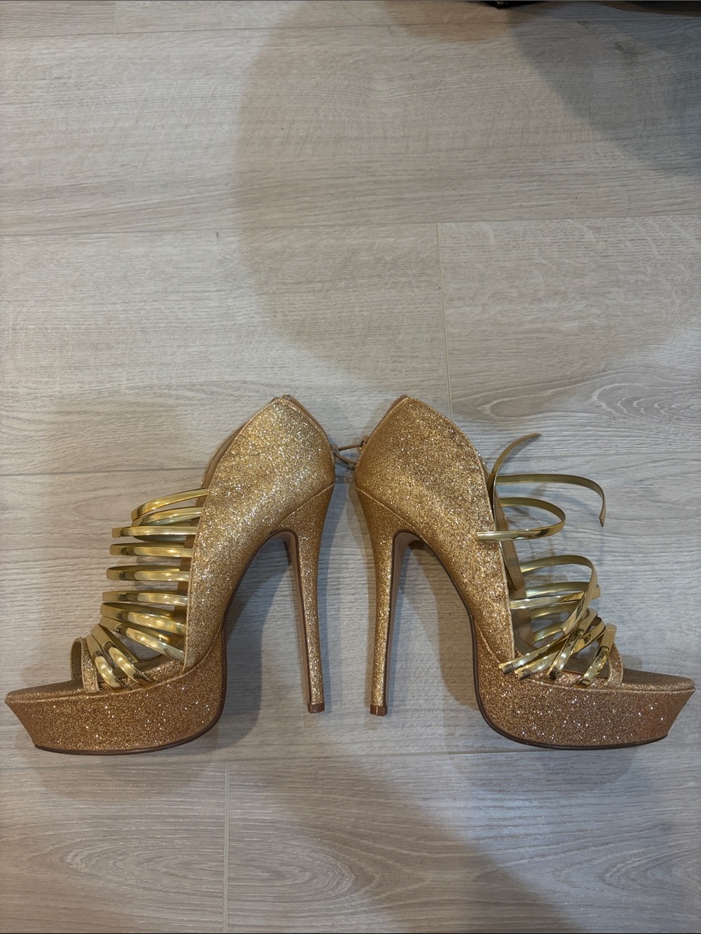 Gold Glitter Platform High Heels with Metallic Straps